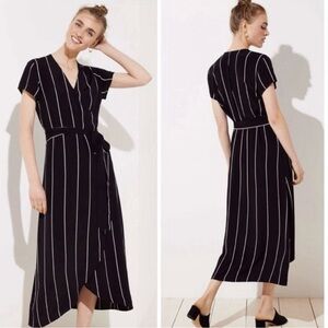 LOFT Wrap Midi Dress Short Sleeve  Women’s Plus Sz 26 Black White Pinstripe